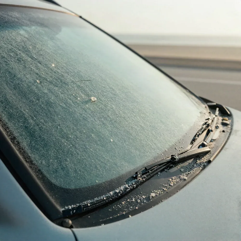 Close-up of a windshield hazed by wind-blown sand and salt, with a small chip in the driver's line of sight above the wiper cowl.