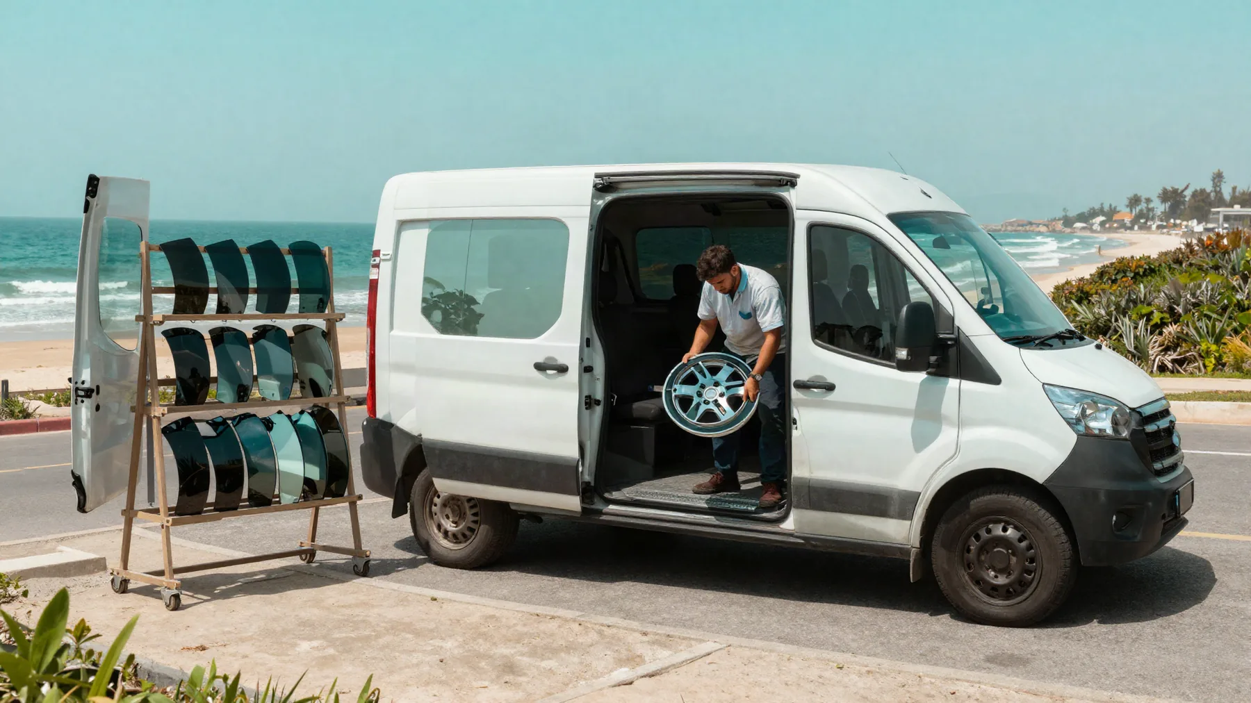 A Far Rockaway Auto Glass mobile van parked beside a rack of curved replacement windshields, a technician unloading glass from the side door.