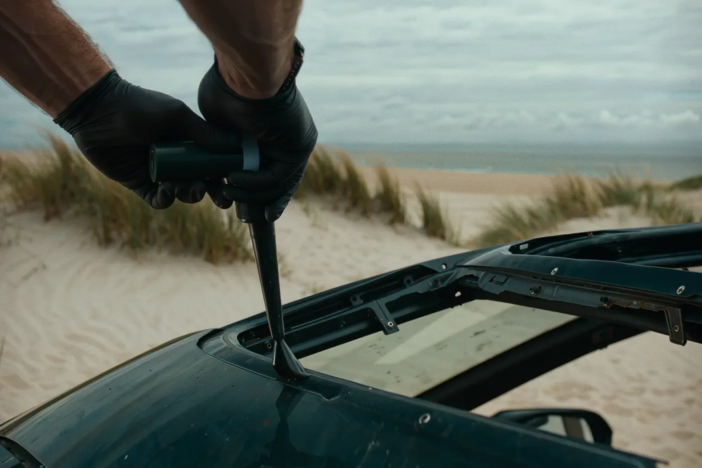 A technician's gloved hands running a bead of urethane adhesive along a car's windshield frame before the new glass is set.